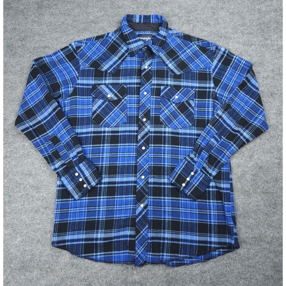 Vintage Wrangler Flannel Pearl Snap Shirt Men's Large Blue Black Heavy Thick